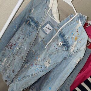 ZARA Distressed Paint Splatter Jean Jacket Trendy Women's Size Medium